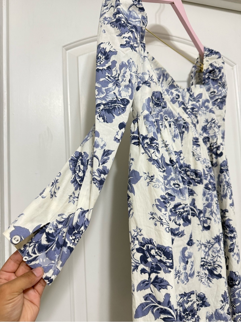 White and Blue Floral Mini Dress with Square Neck - Picture 3 of 6